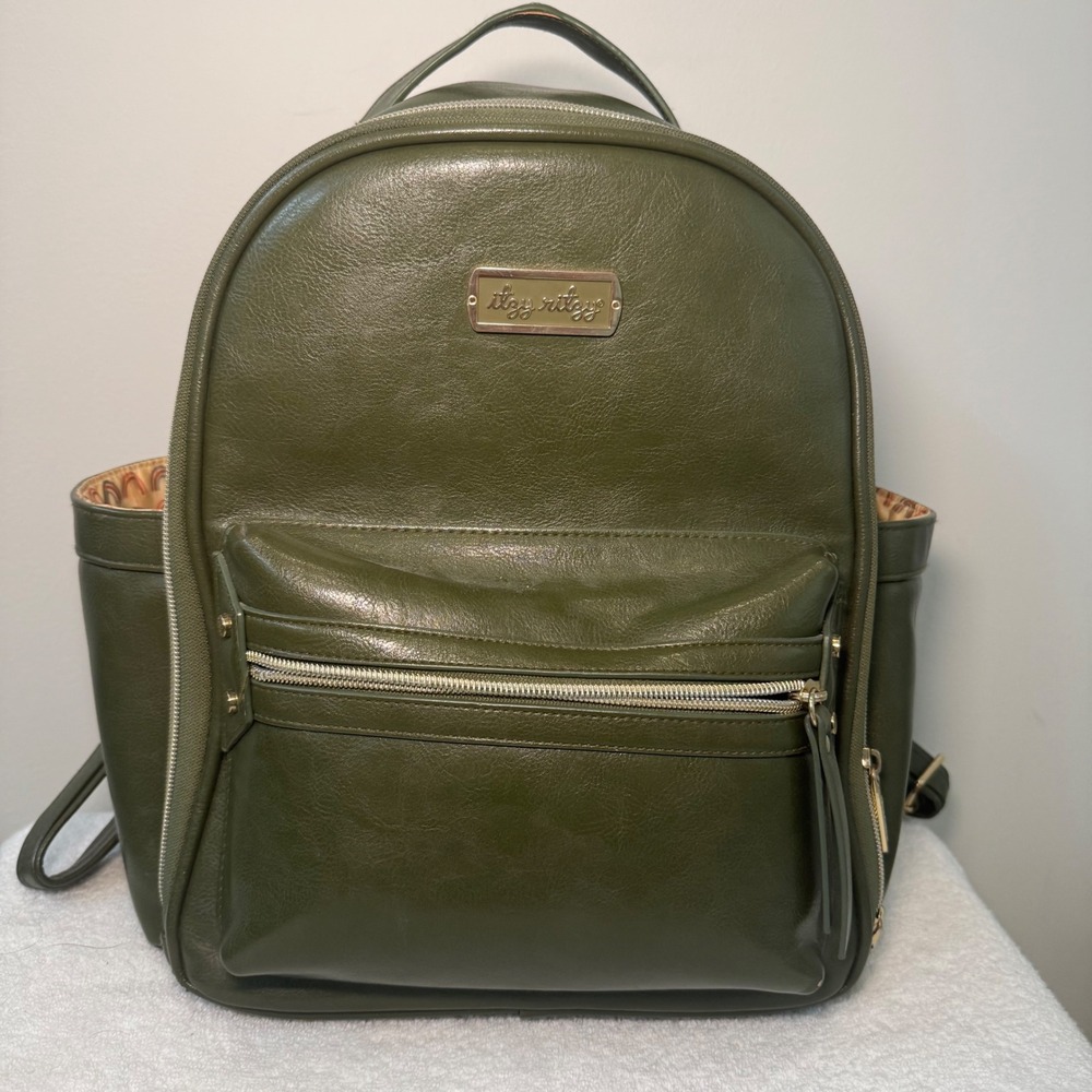 Itzy Ritzy Boss Backpack Diaper Bag Olive Green Vegan Leather Rainbow Lining